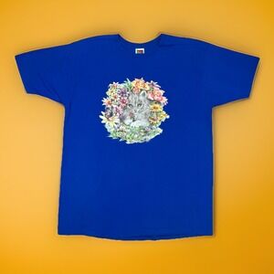 VTG Y2K Air Waves Joan Marie Cat Floral Graphic T Shirt Blue Kitten Tee XL